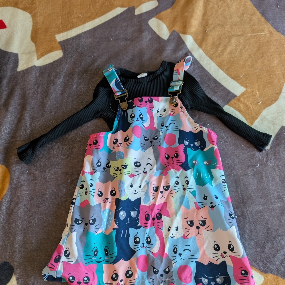 Colorful Cat Print Jumper Dress with Black Top